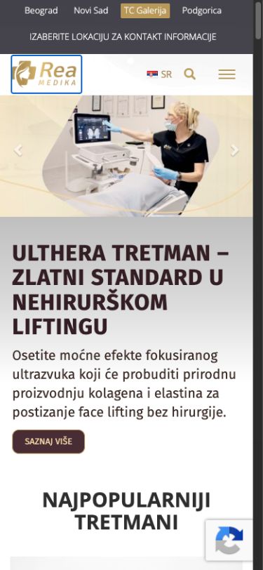 Postojeća početna stranica Rea Medika prikazana na telefonu širine 390 piksela